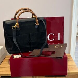 Gucci Vintage Suede Black Tote with Bamboo Handles